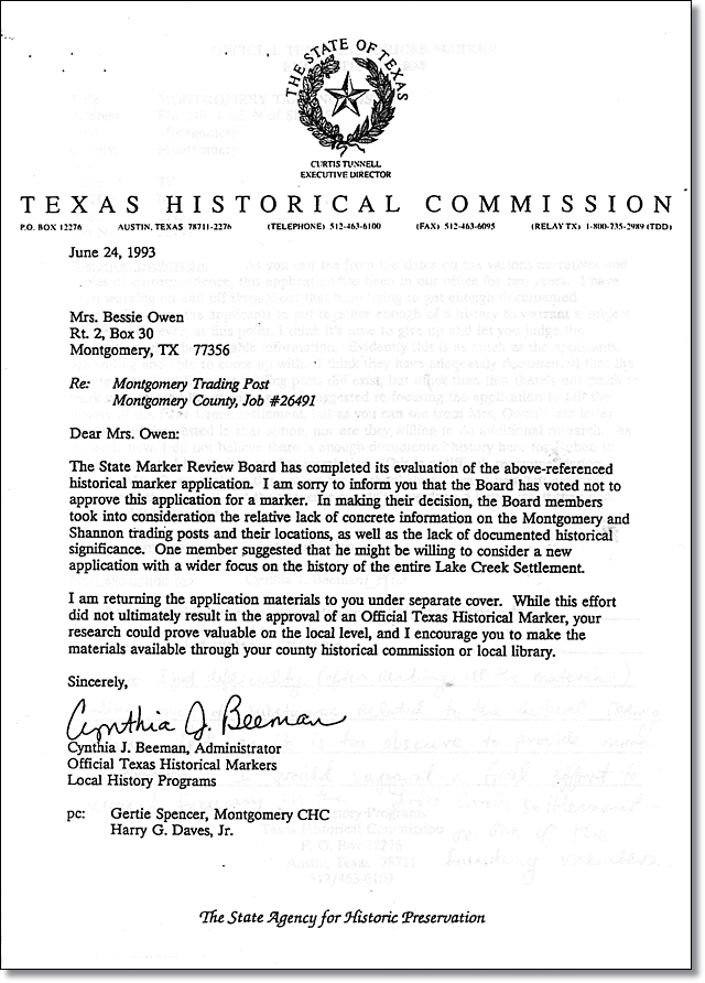 1993 Letter Rejecting Montgomery Trading Post Marker